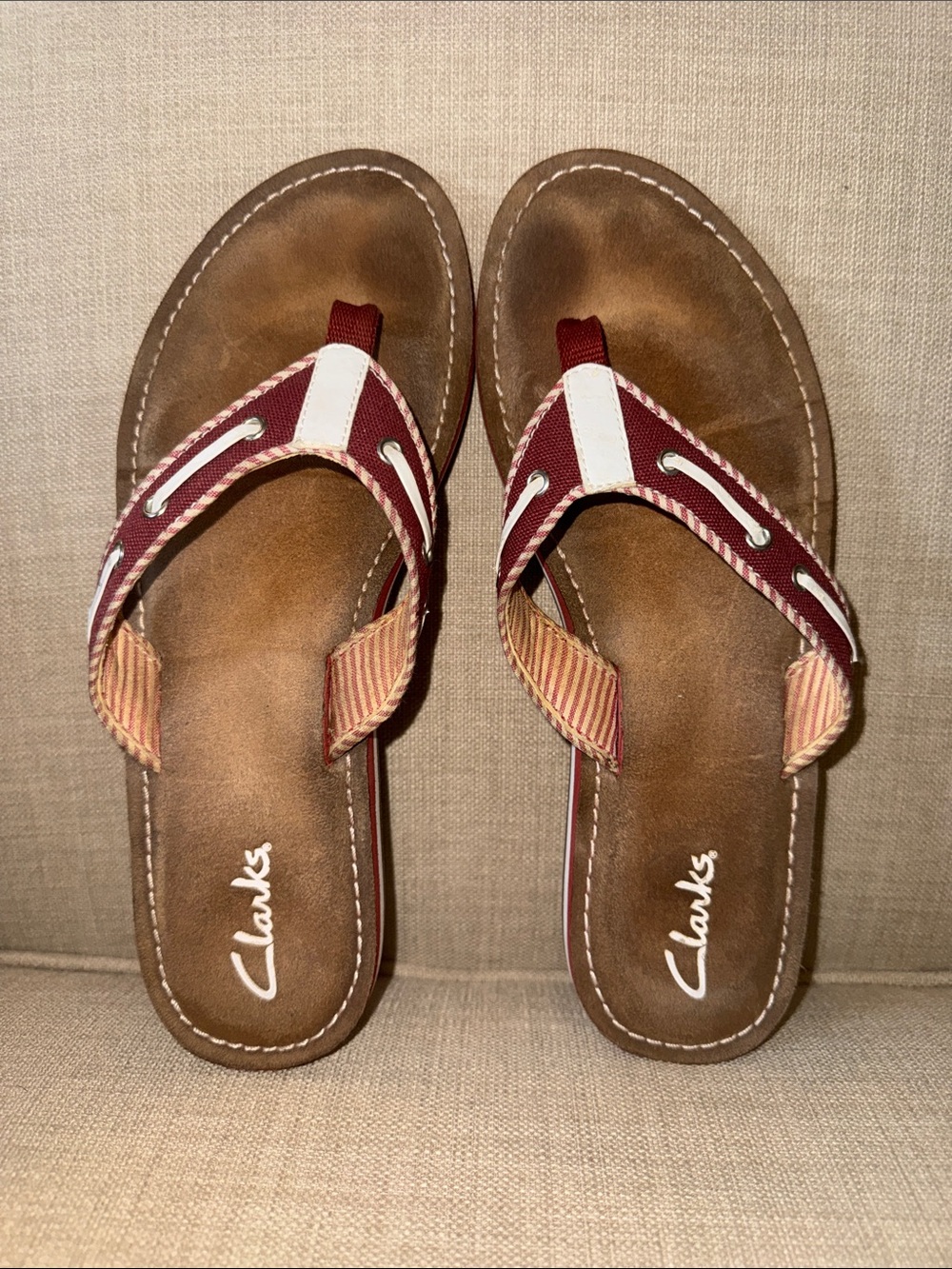 Clarks Women’s Burgundy and White Leather-Trim Flip Flop Sandals